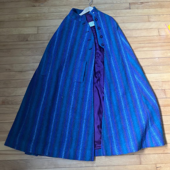 Vintage Jackets & Blazers - Vintage Hourihan Irish Pure Wool Striped Cape Blue Purple Button Made in Ireland